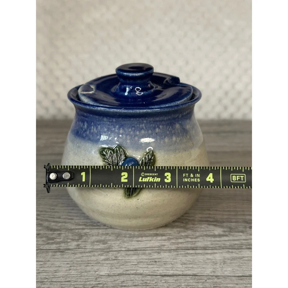 Johnson Studio Pottery Blueberry Stoneware Honey Pot with chipped Lid Blue Cream
